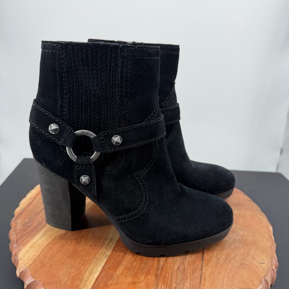 Zodiac Aidan sz 9.5 ankle heel boots black suede harness straps ring hardware
